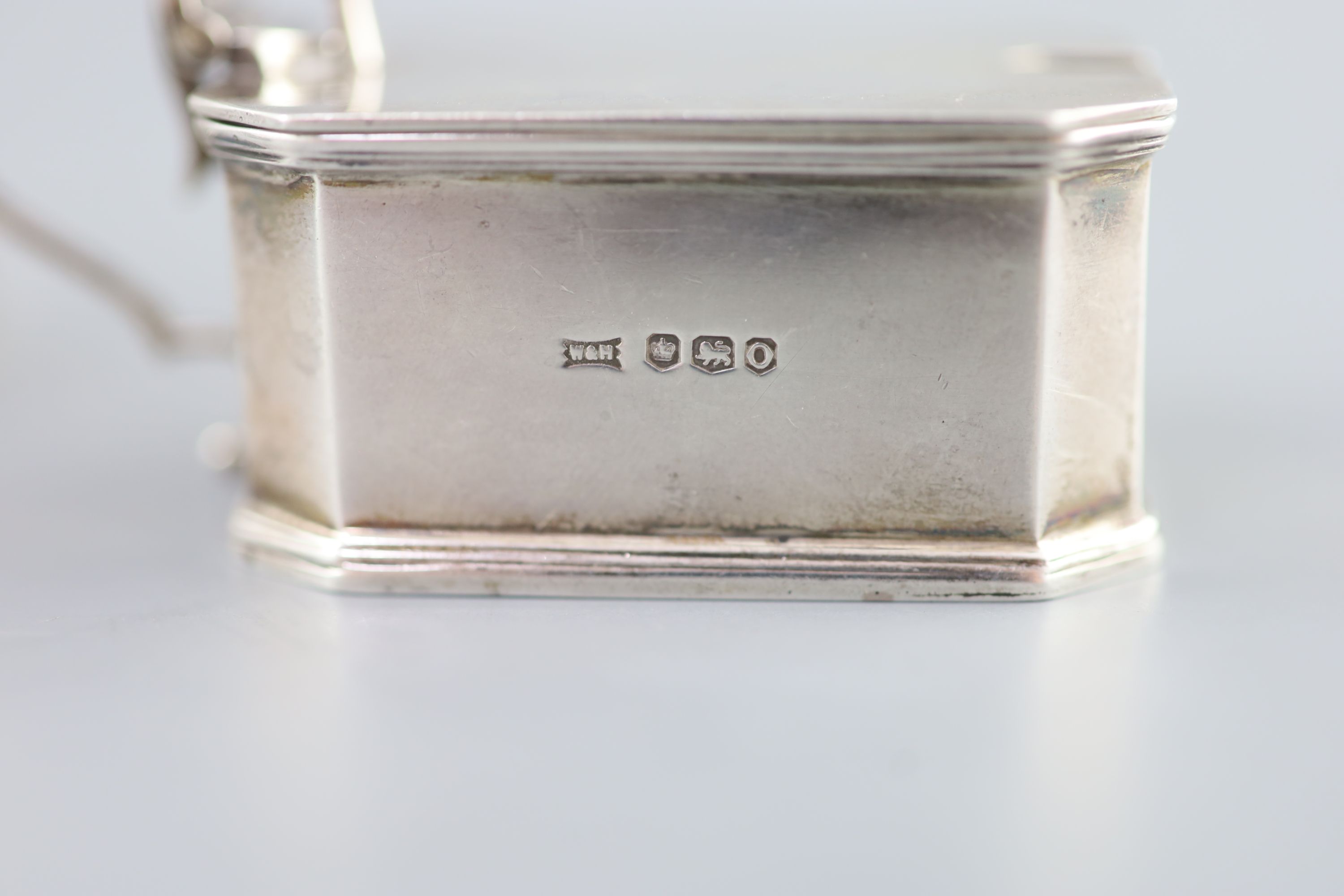Royal Interest - a three piece silver cruet set, engraved with Queen Elizabeth II Cypher, Walker & Hall 1956?